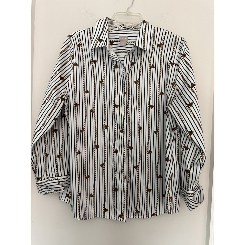 CHICO'S Black & Ivory Rope Tassel Print Button Down Shirt Top Sz L  Cotton